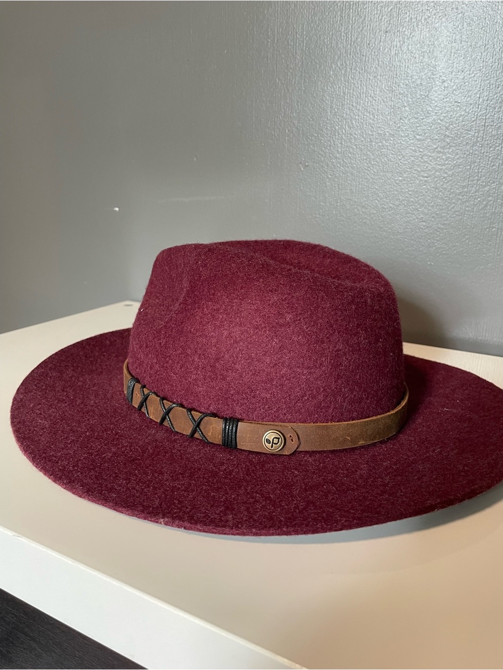 Women’s Burgundy Wool Fedora Hat with Brown Band